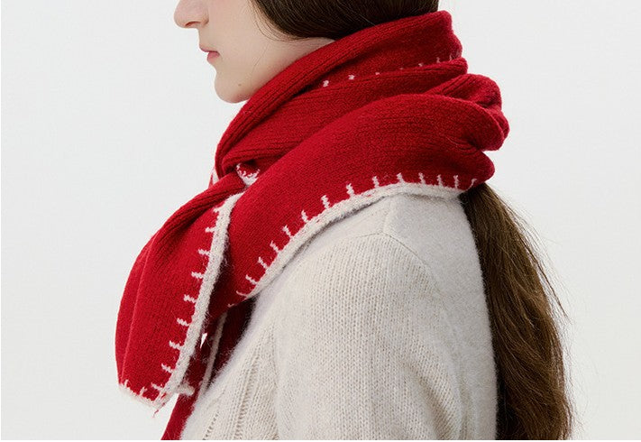Blanket Stitch Trim Knit Winter Scarf