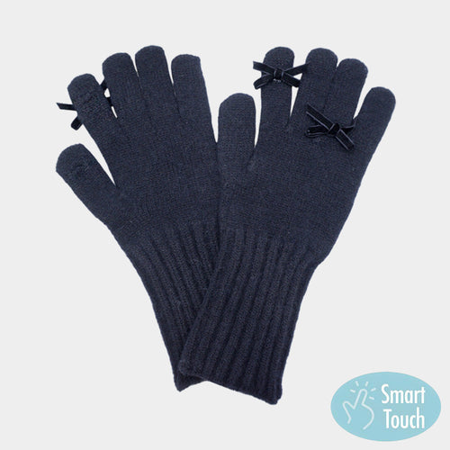 Bow Accent Ribbed Knit Smart Touch Gloves