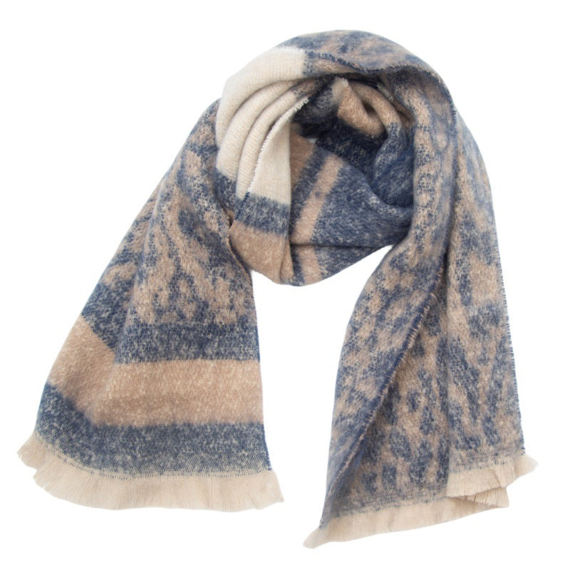 Leopard Panel Striped Fringed Blanket Scarf
