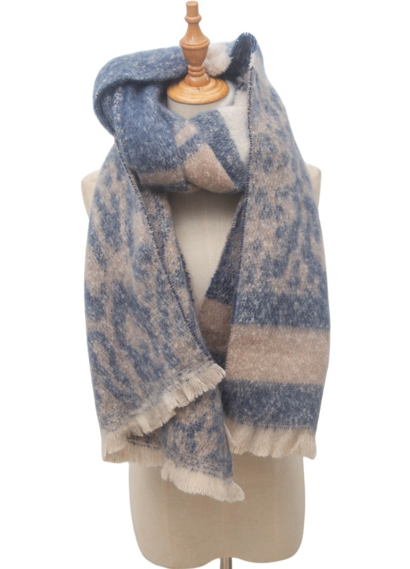 Leopard Panel Striped Fringed Blanket Scarf