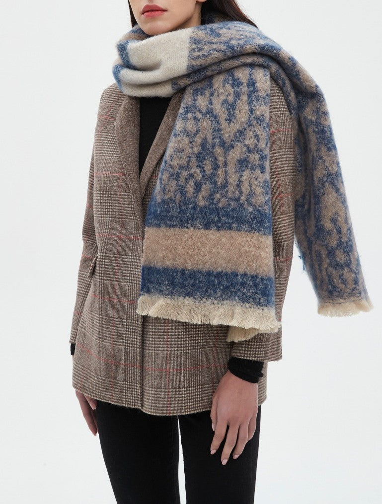 Leopard Panel Striped Fringed Blanket Scarf