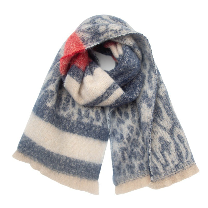 Leopard Panel Striped Fringed Blanket Scarf