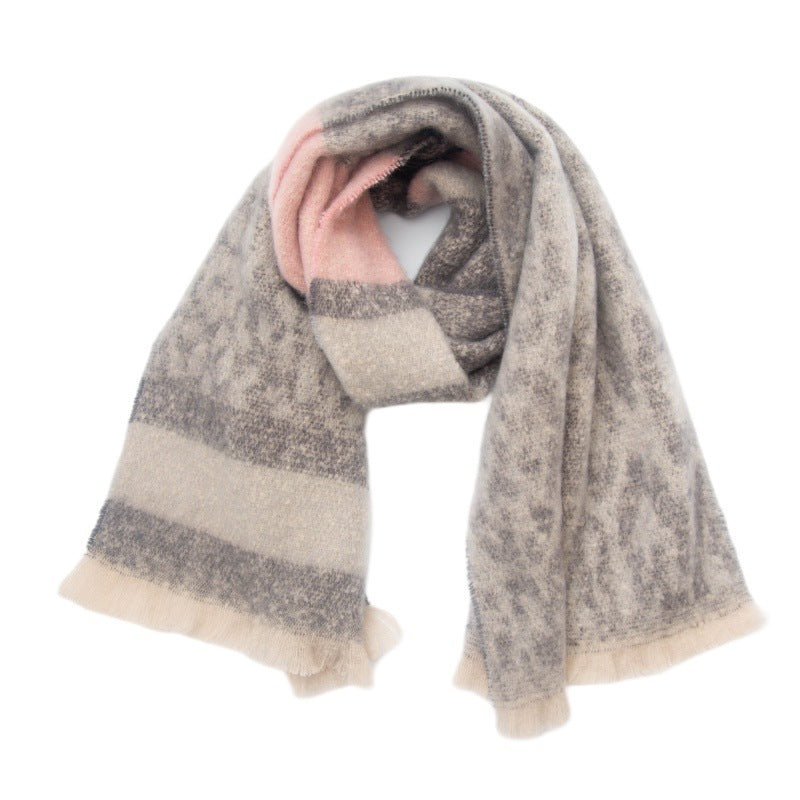 Leopard Panel Striped Fringed Blanket Scarf