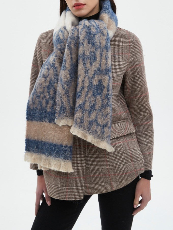 Leopard Panel Striped Fringed Blanket Scarf