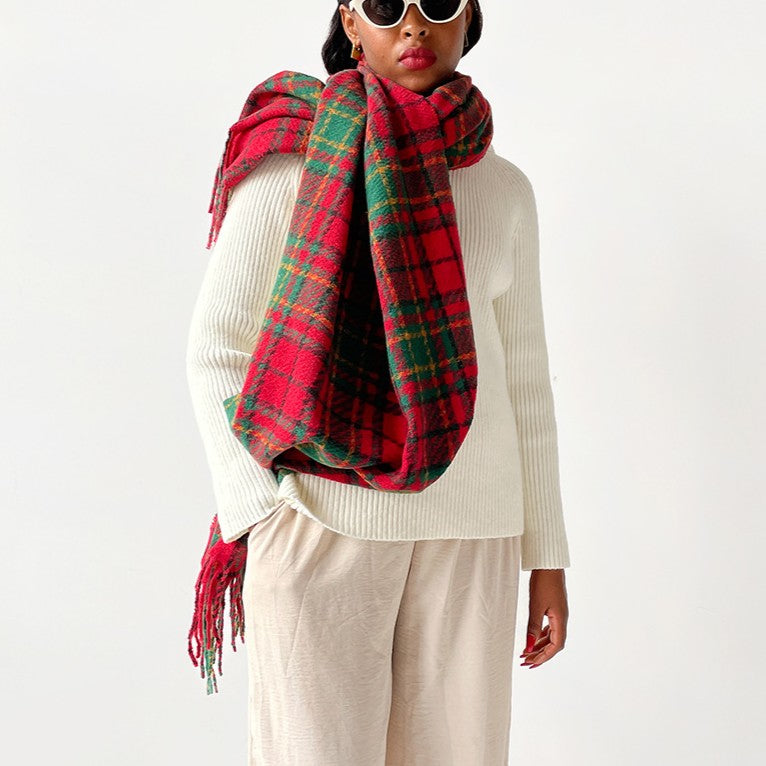 Oversized Plaid Tassel Blanket Scarf