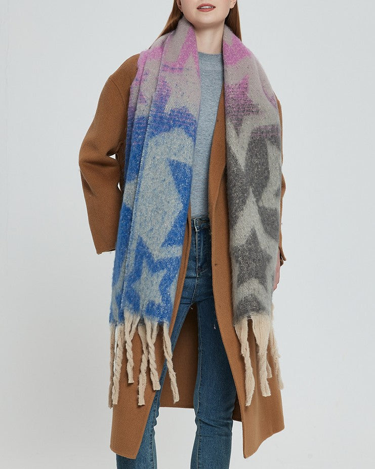 Star Print Fringe Blanket Scarf Wrap