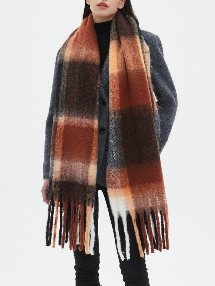 Bold Check Fringed Blanket Wrap Scarf