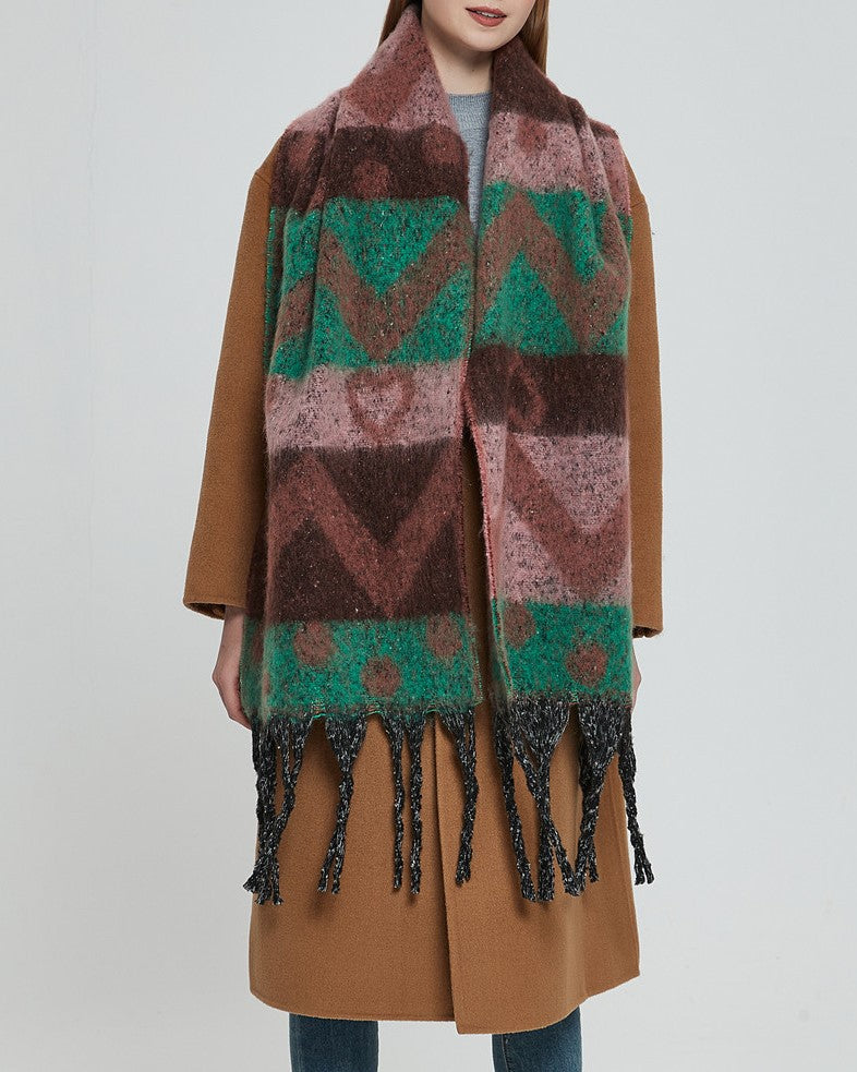 Geometric Colour Block Tassel Wrap Scarf