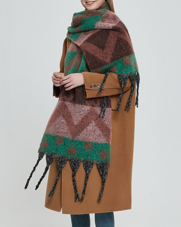 Geometric Colour Block Tassel Wrap Scarf
