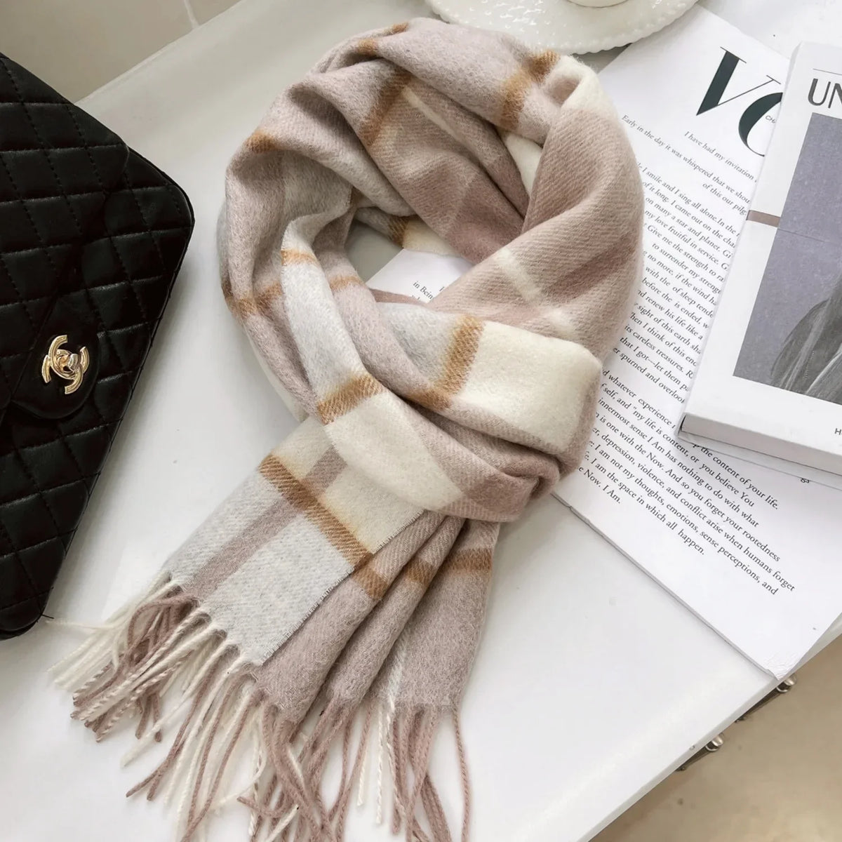 Women's wool plaid wrap scarf comfortable winter blanket accessory