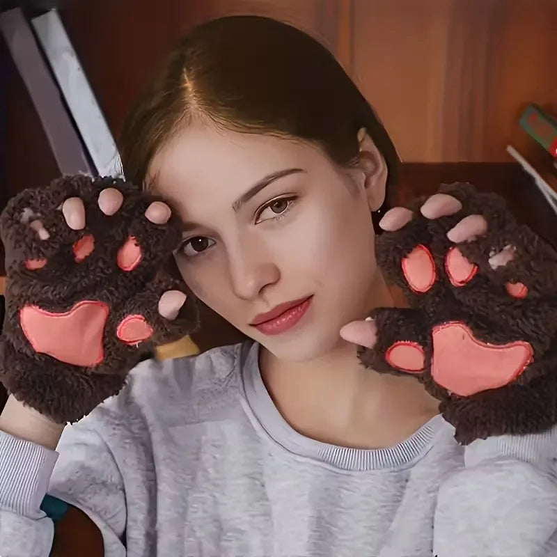 Cat Paw Fuzzy Fingerless Gloves – Soft Plush Winter Mittens