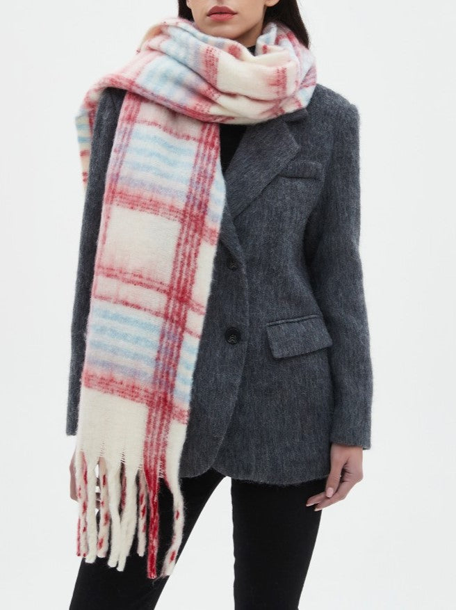 Brushed Plaid Blanket Scarf With Tassels