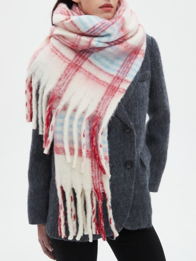 Brushed Plaid Blanket Scarf With Tassels