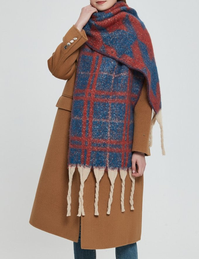 Chunky Fringe Plaid Blanket Scarf
