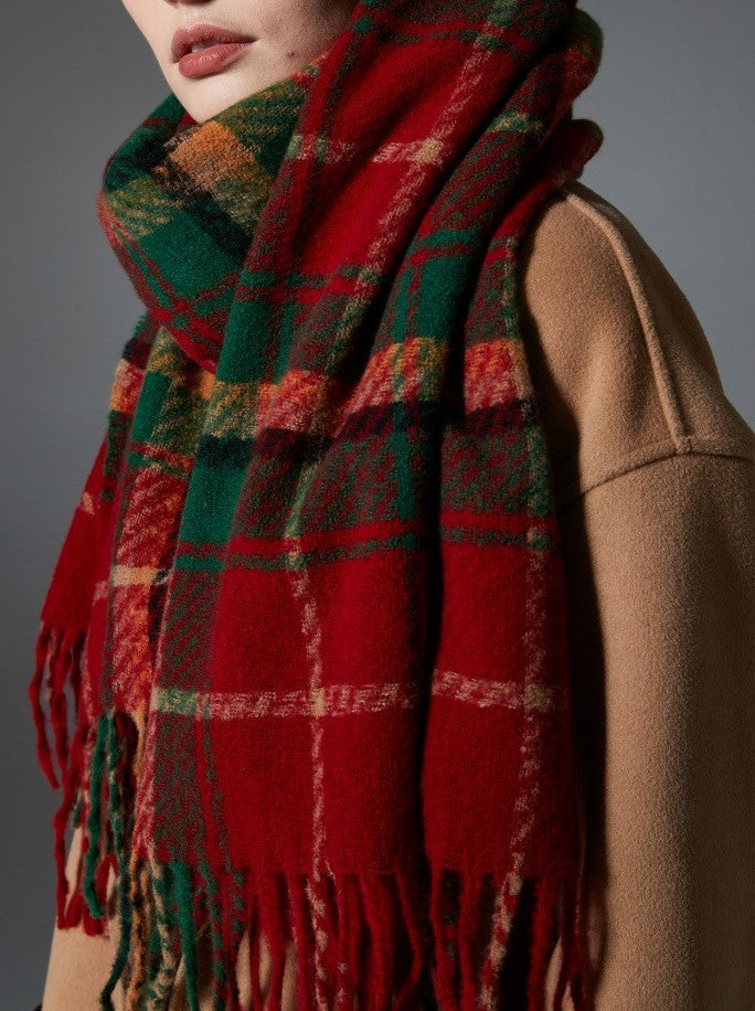 Red Tartan Fringed Blanket Scarf