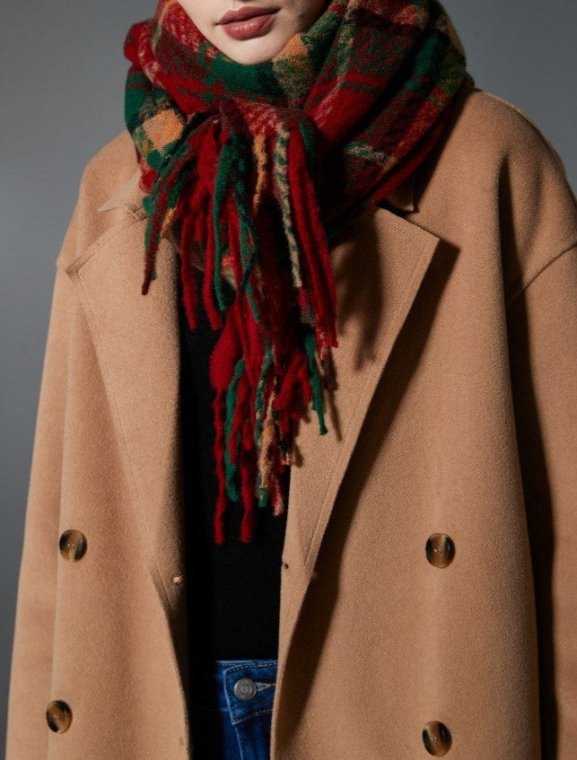 Red Tartan Fringed Blanket Scarf