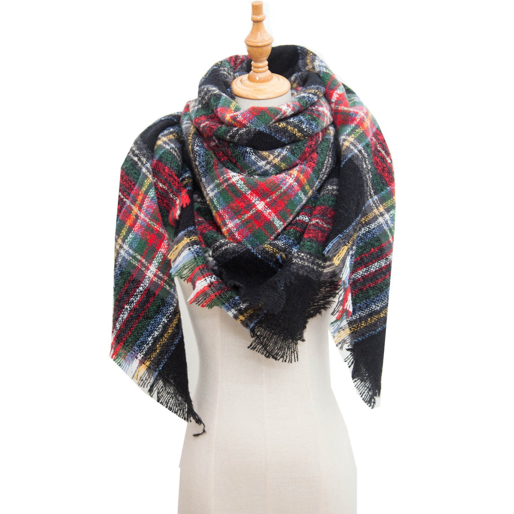Checked Triangle Blanket Scarf With Frayed Trim