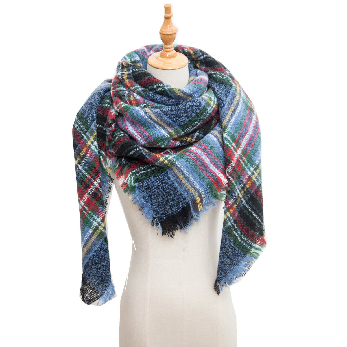 Checked Triangle Blanket Scarf With Frayed Trim