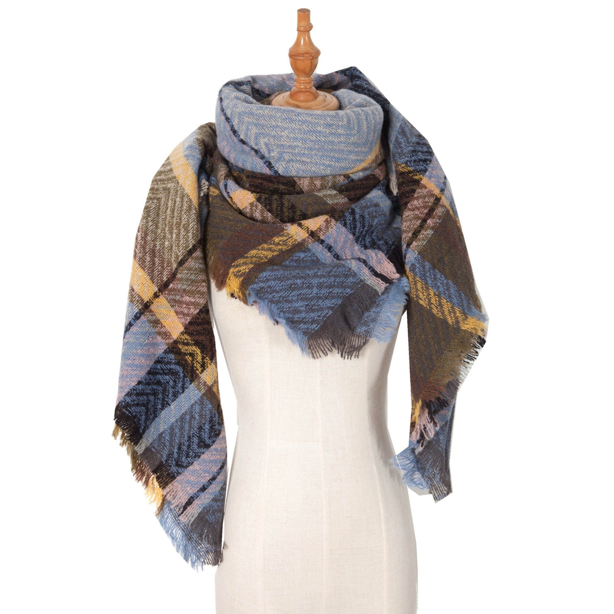 Checked Triangle Blanket Scarf With Frayed Trim