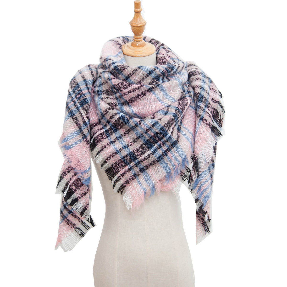 Checked Triangle Blanket Scarf With Frayed Trim
