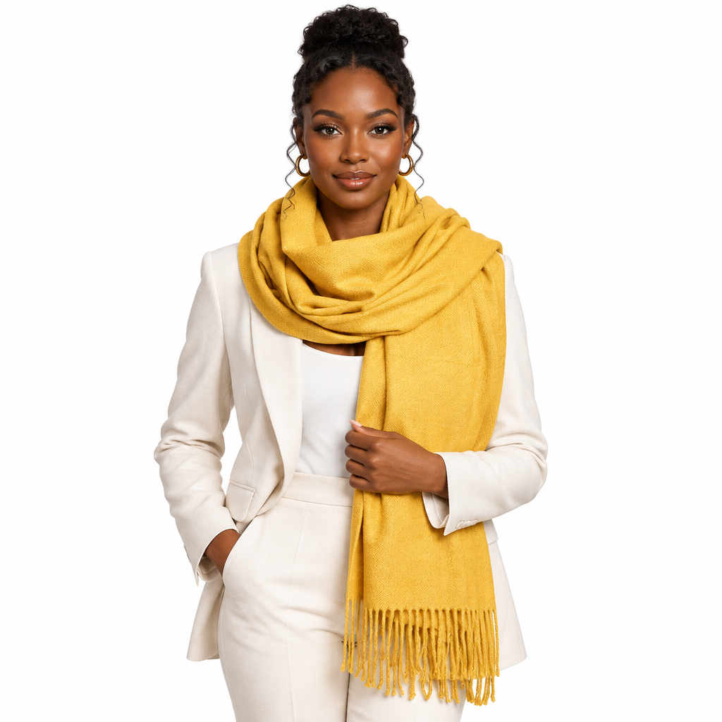 Mustard Yellow Oblong Scarf with Tassels Lightweight Soft Solid Wrap for Women