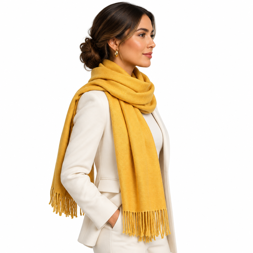 Mustard Yellow Oblong Scarf with Tassels Lightweight Soft Solid Wrap for Women
